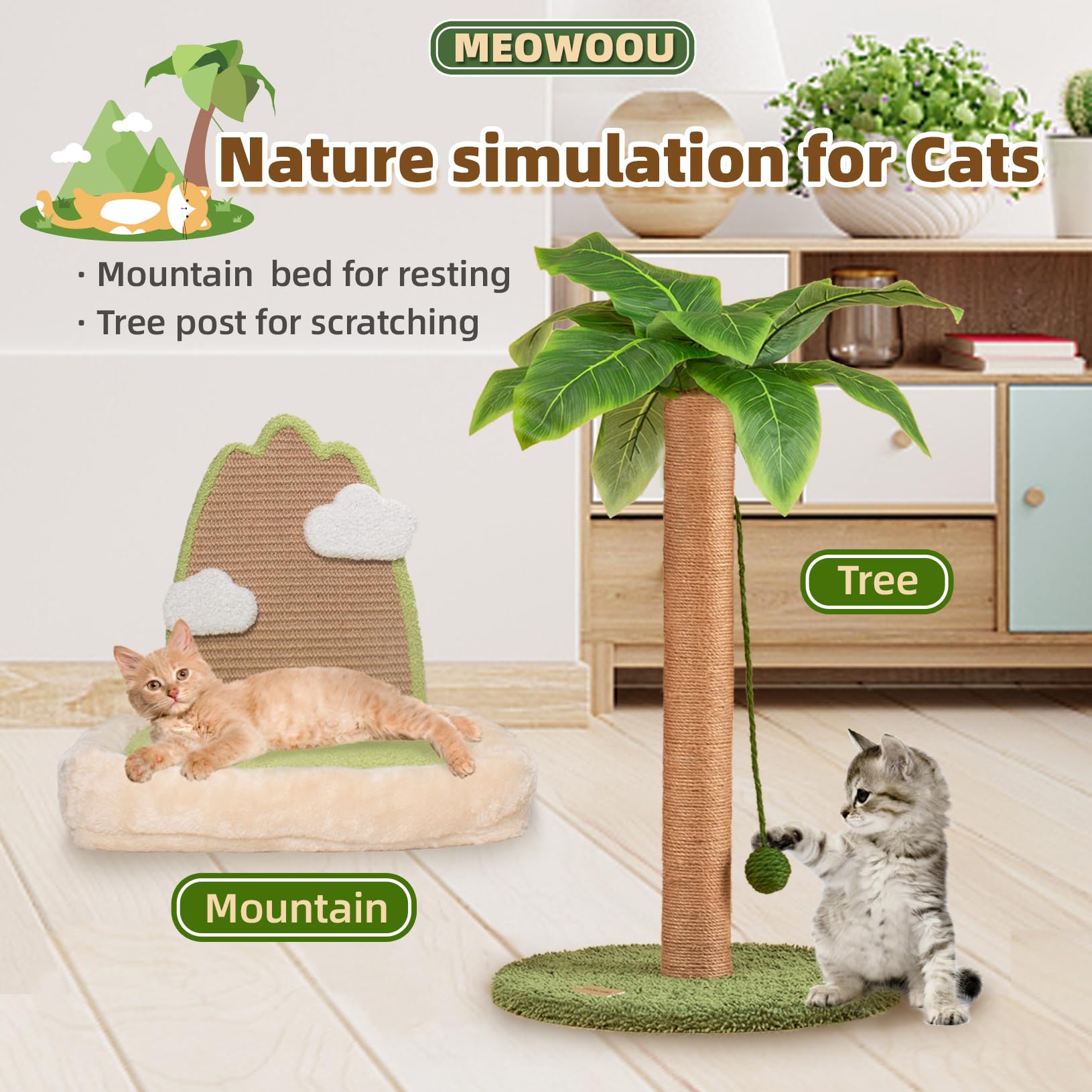 Meowoou Cat Scratching Post with Hanging Ball,33 inch Tall Cute Cat Toys for Indoor Cats with Sisal Rope,Palm Decor Cat Tree Tower for Kitten Scratcher Green