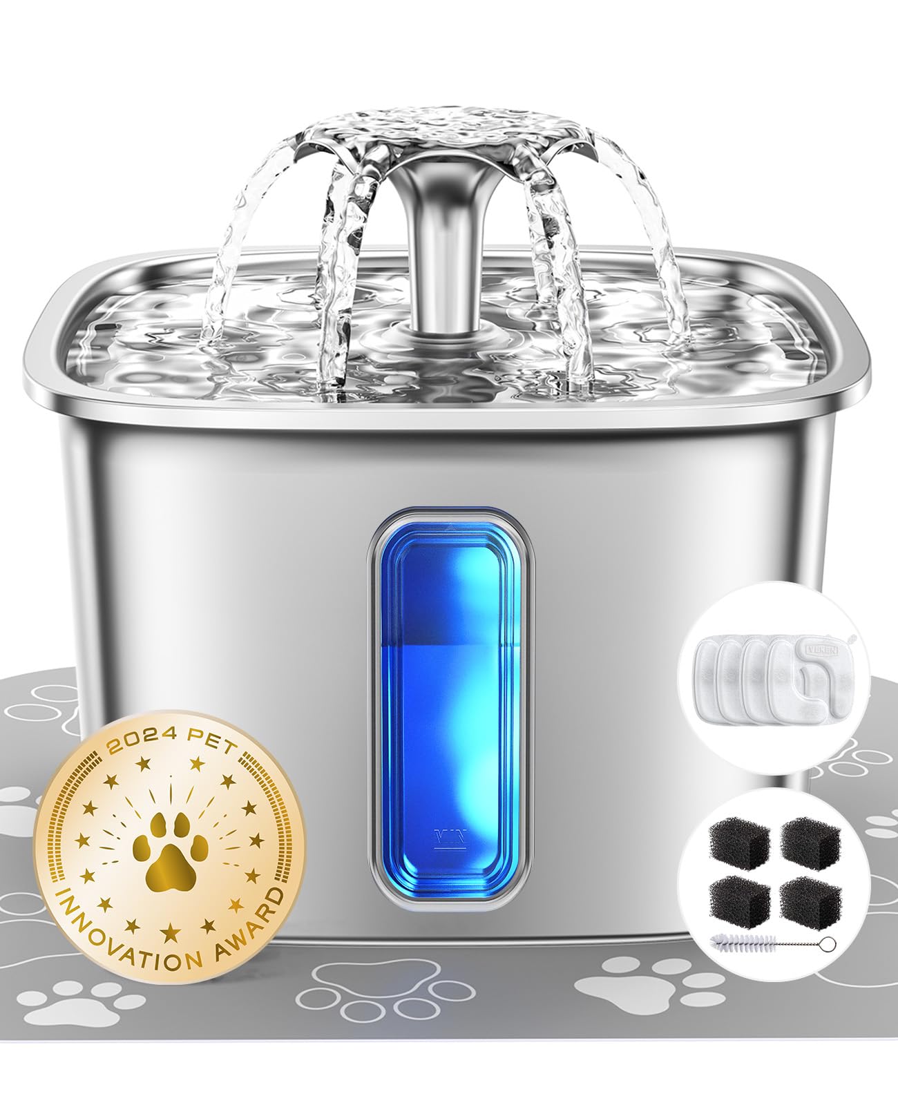 Stainless Steel Cat Water Fountain Veken Innovation Award Winner Cat Water Fountain, 108oz/3.2L Pet Fountain with 4 Replacement Filters & 4 Pre-Filter Sponges & Silicone Mat, for Cats, Dogs (Silver)