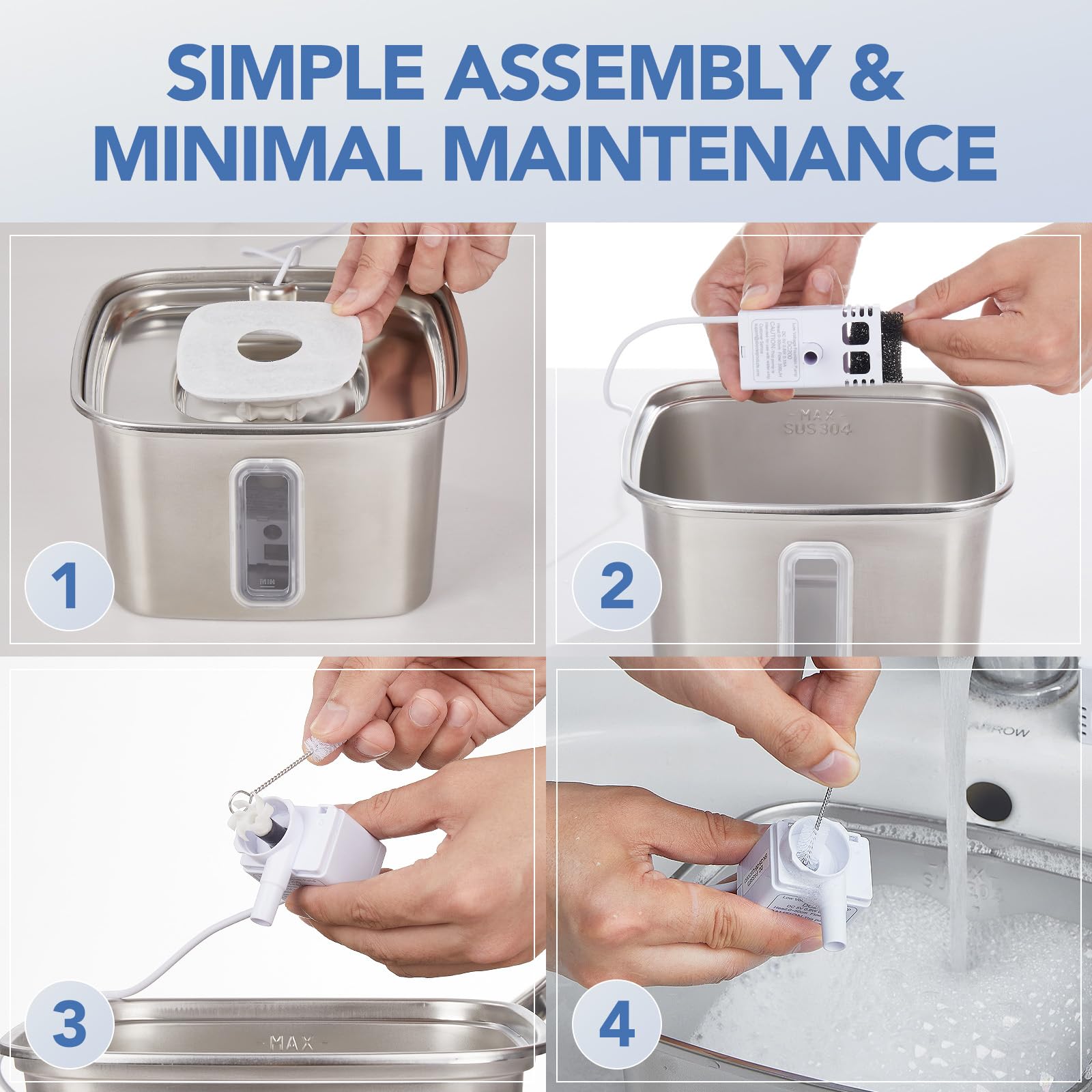 Stainless Steel Cat Water Fountain Veken Innovation Award Winner Cat Water Fountain, 108oz/3.2L Pet Fountain with 4 Replacement Filters & 4 Pre-Filter Sponges & Silicone Mat, for Cats, Dogs (Silver)