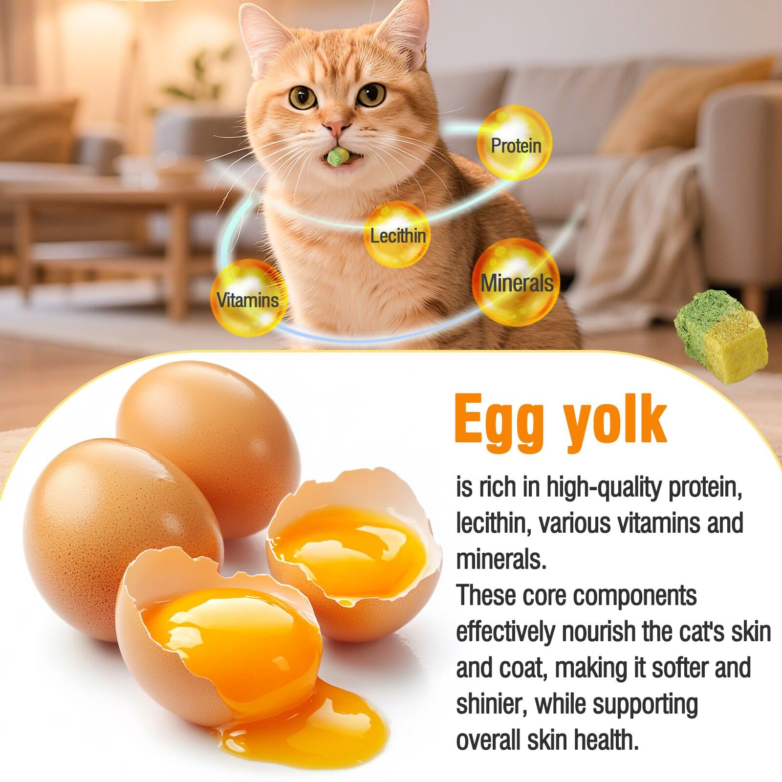 Freezed-Dried Cat Grass Treats, Catgrass Egg Yolk Duo Bites, Cat Dental Treats for Hairball Control and Healthy Coat, Cats Teething Stick (60g, EggYolk)