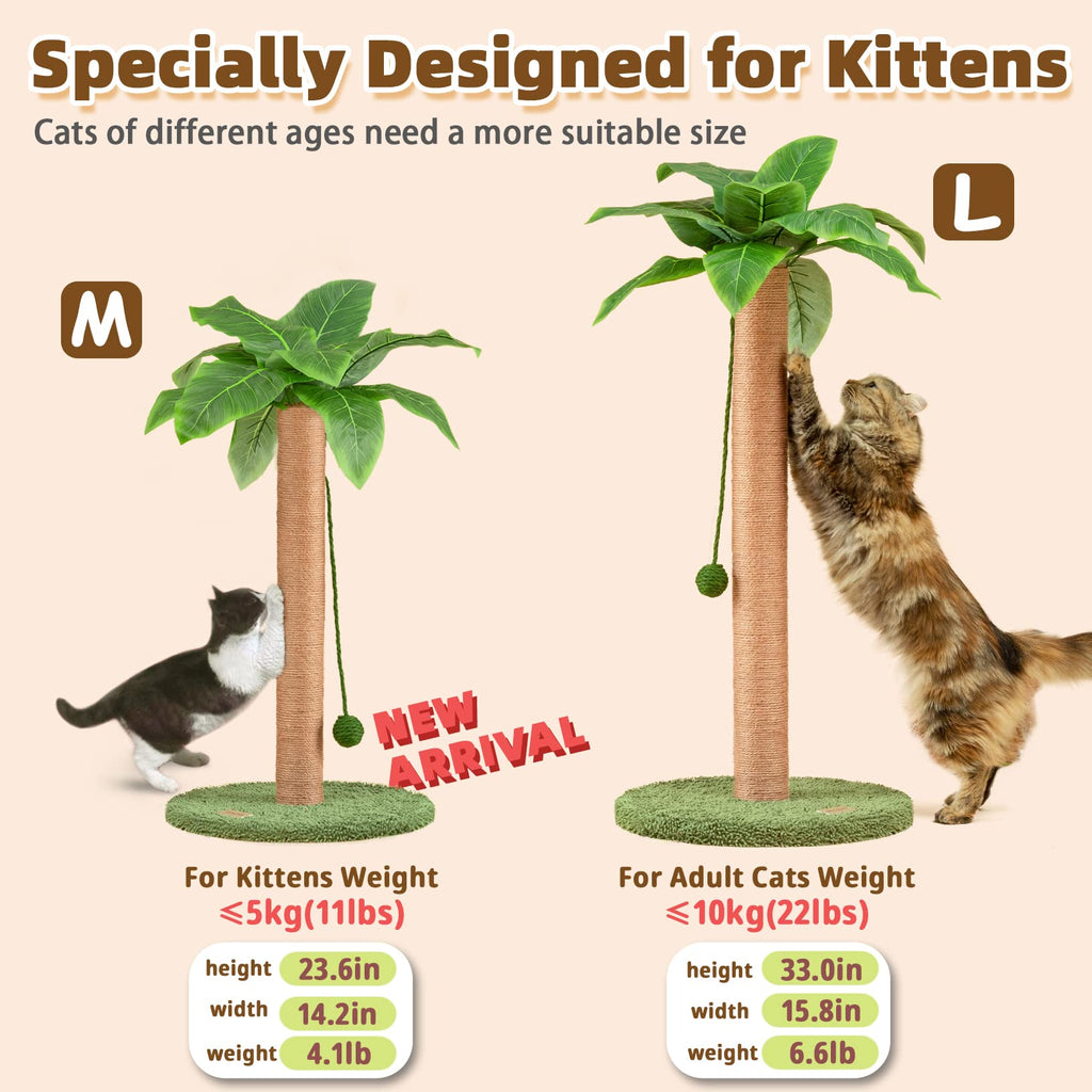 Meowoou Cat Scratching Post with Hanging Ball,33 inch Tall Cute Cat Toys for Indoor Cats with Sisal Rope,Palm Decor Cat Tree Tower for Kitten Scratcher Green