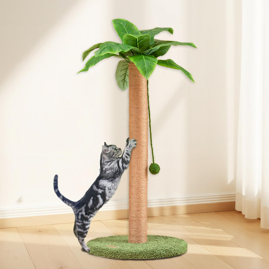 Meowoou Cat Scratching Post with Hanging Ball,33 inch Tall Cute Cat Toys for Indoor Cats with Sisal Rope,Palm Decor Cat Tree Tower for Kitten Scratcher Green