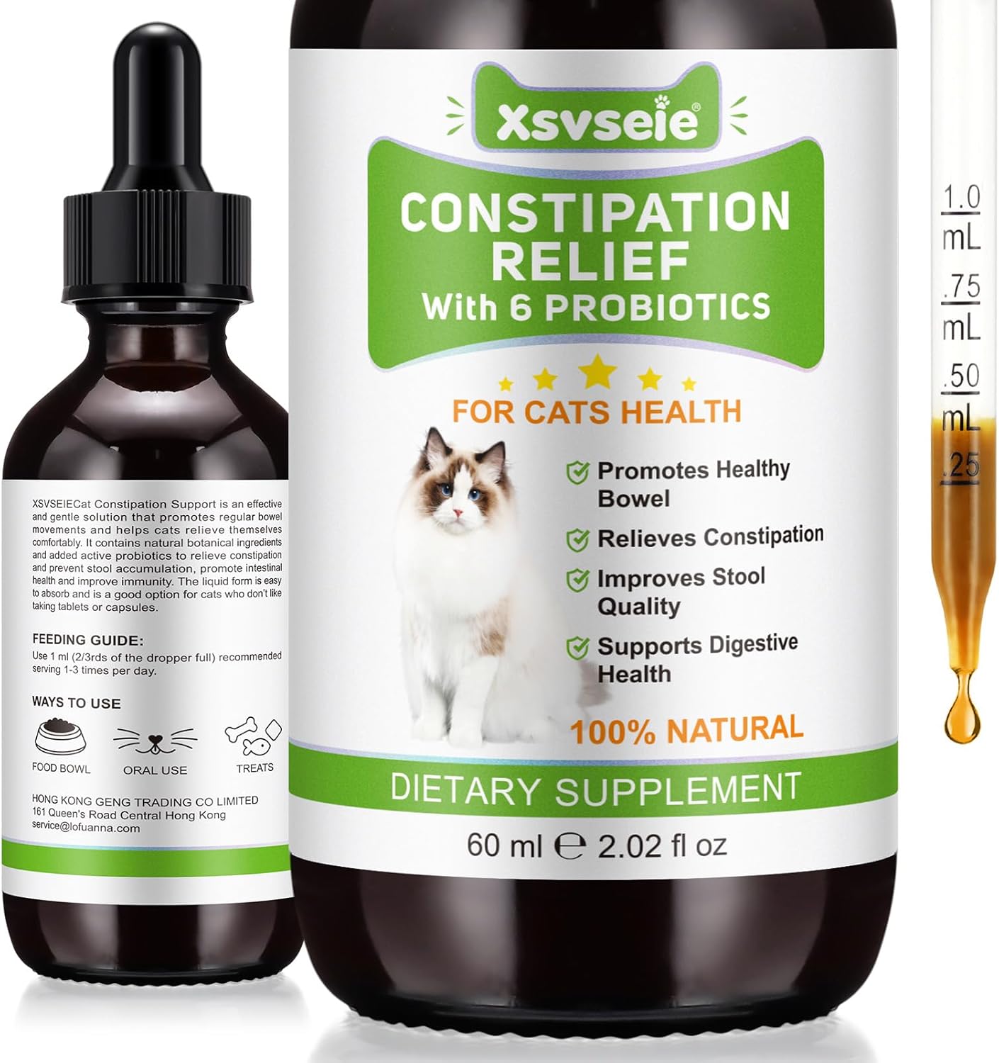 Constipation Relief for Cat, 100% Natural Cat Constipation Treatment with 6 Probiotics for Cats Stool Softeners, Cats Laxative Constipation Relief, Promotes Digestive & Gut Health, 2.02 fl Oz