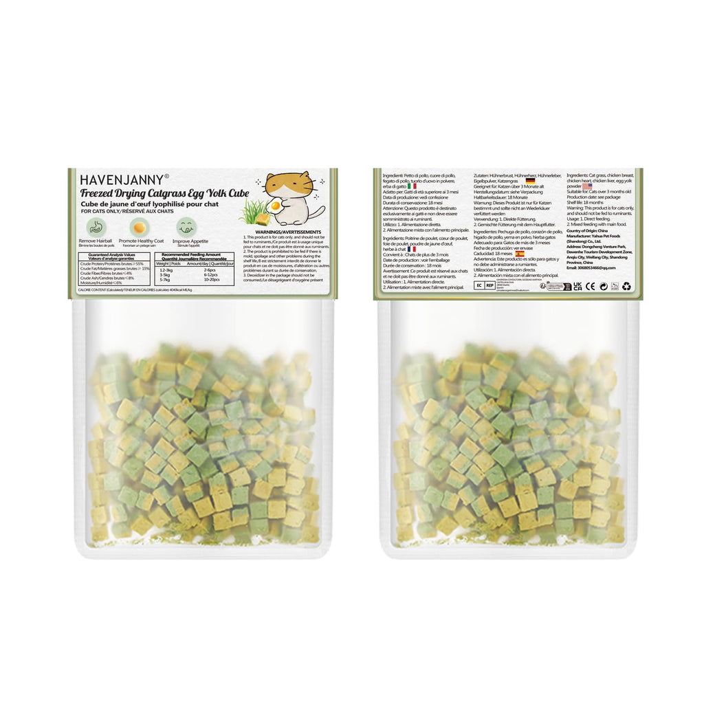 Freezed-Dried Cat Grass Treats, Catgrass Egg Yolk Duo Bites, Cat Dental Treats for Hairball Control and Healthy Coat, Cats Teething Stick (60g, EggYolk)
