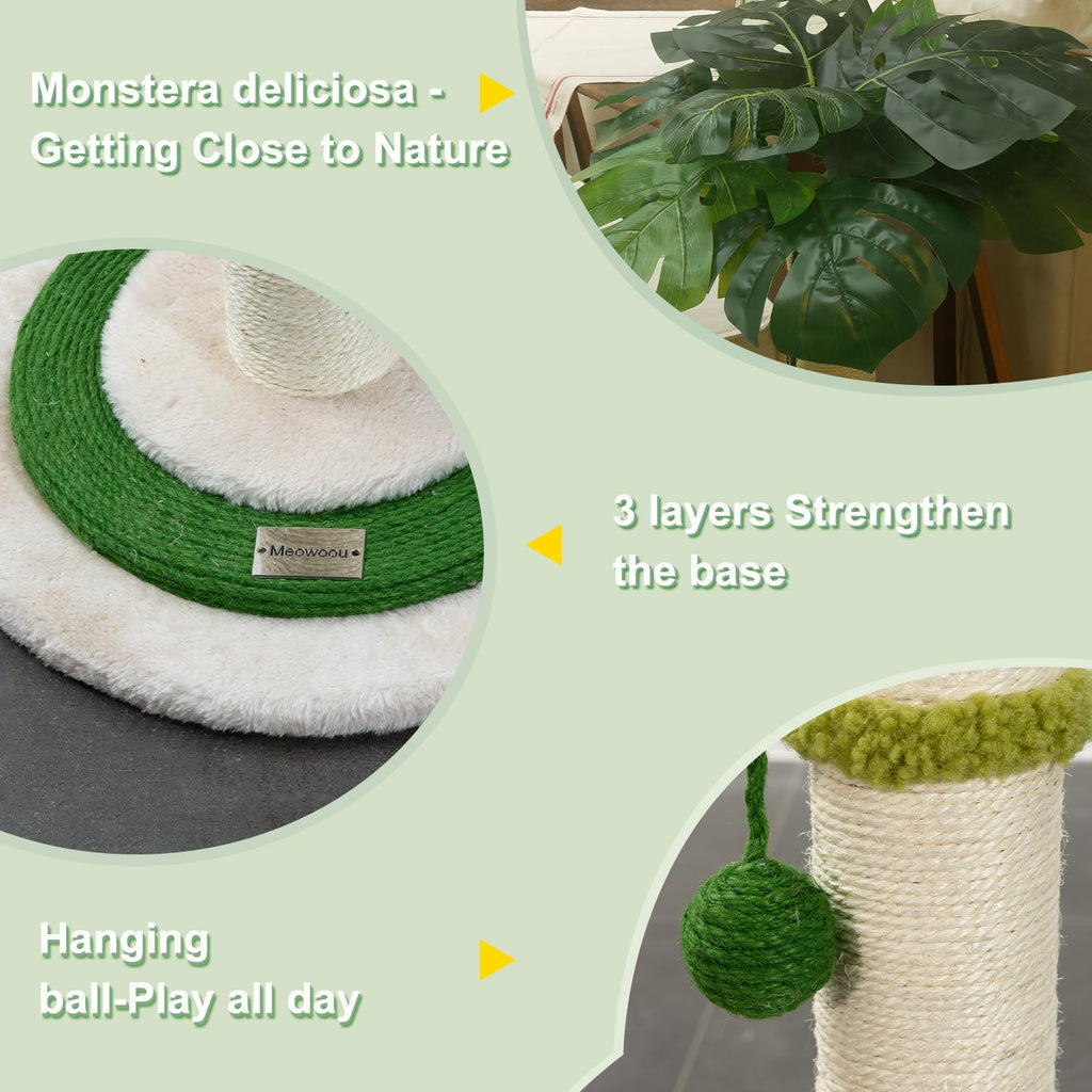 Meowoou Cat Scratching Post with Hanging Ball,33 inch Tall Cute Cat Toys for Indoor Cats with Sisal Rope,Palm Decor Cat Tree Tower for Kitten Scratcher Green