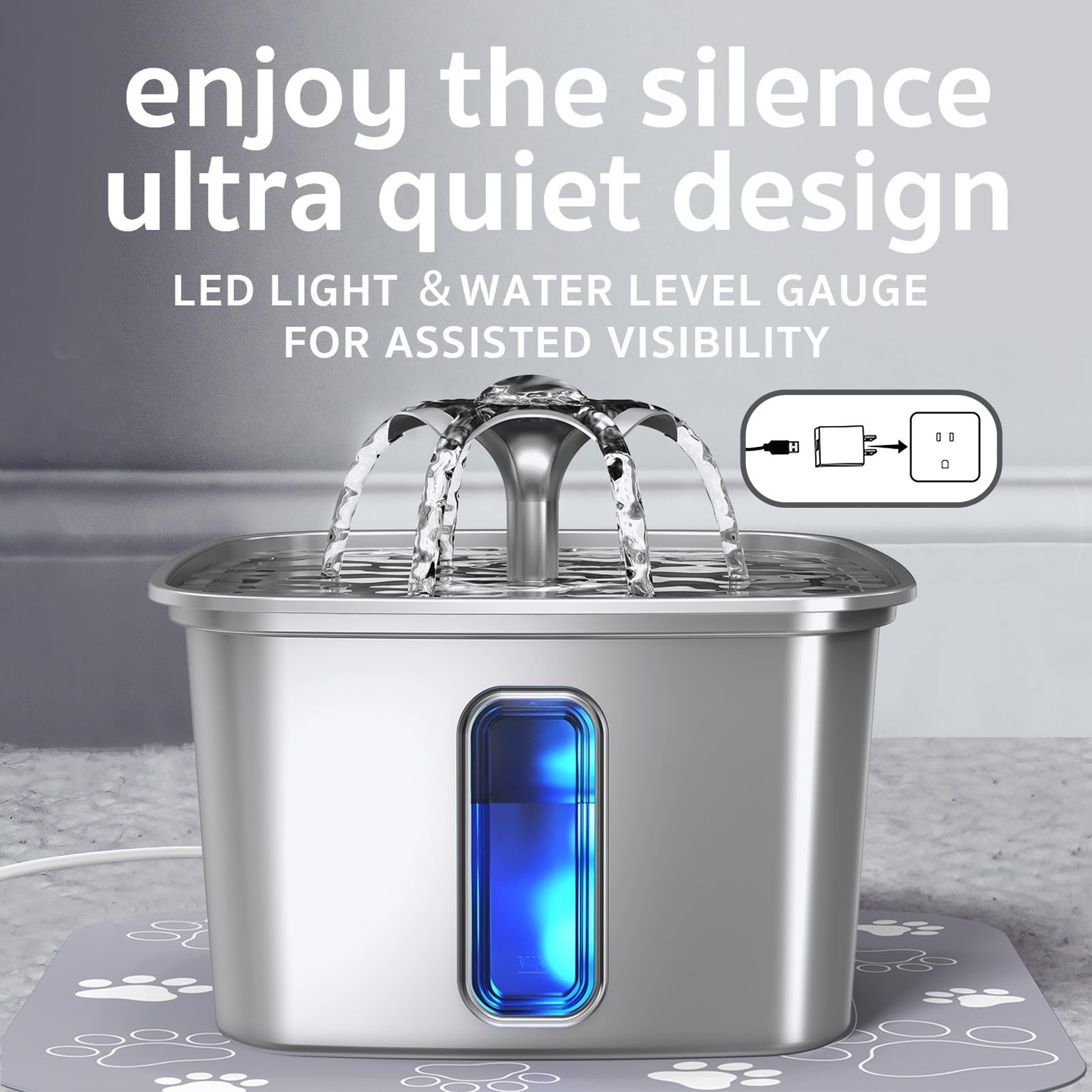 Stainless Steel Cat Water Fountain Veken Innovation Award Winner Cat Water Fountain, 108oz/3.2L Pet Fountain with 4 Replacement Filters & 4 Pre-Filter Sponges & Silicone Mat, for Cats, Dogs (Silver)