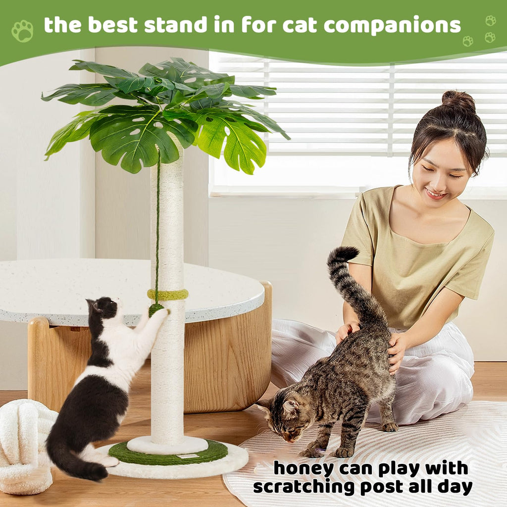 Meowoou Cat Scratching Post with Hanging Ball,33 inch Tall Cute Cat Toys for Indoor Cats with Sisal Rope,Palm Decor Cat Tree Tower for Kitten Scratcher Green