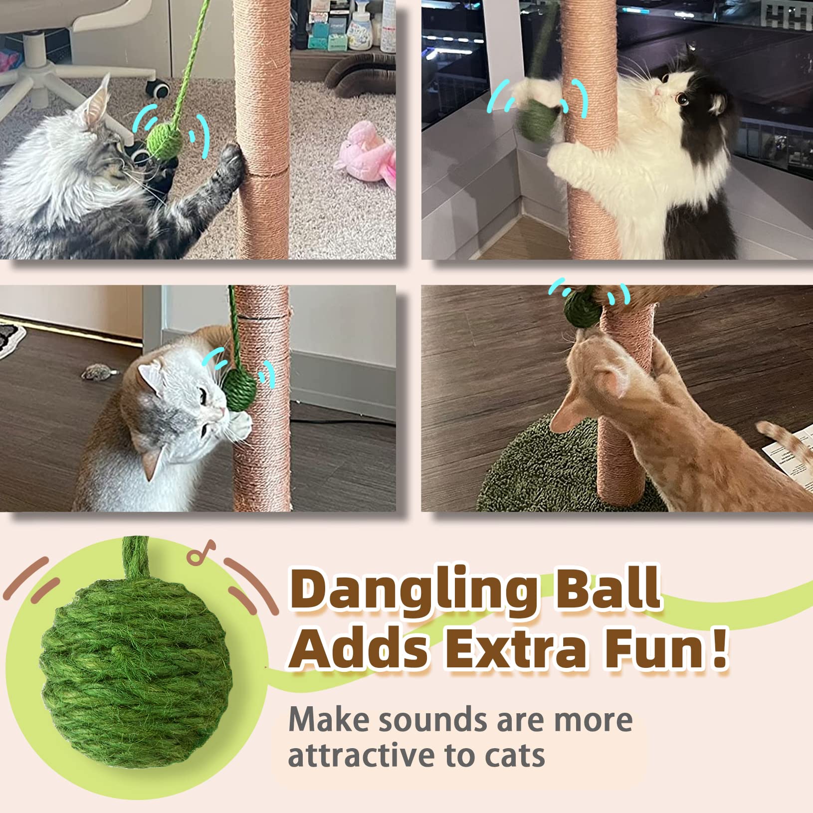 Meowoou Cat Scratching Post with Hanging Ball,33 inch Tall Cute Cat Toys for Indoor Cats with Sisal Rope,Palm Decor Cat Tree Tower for Kitten Scratcher Green
