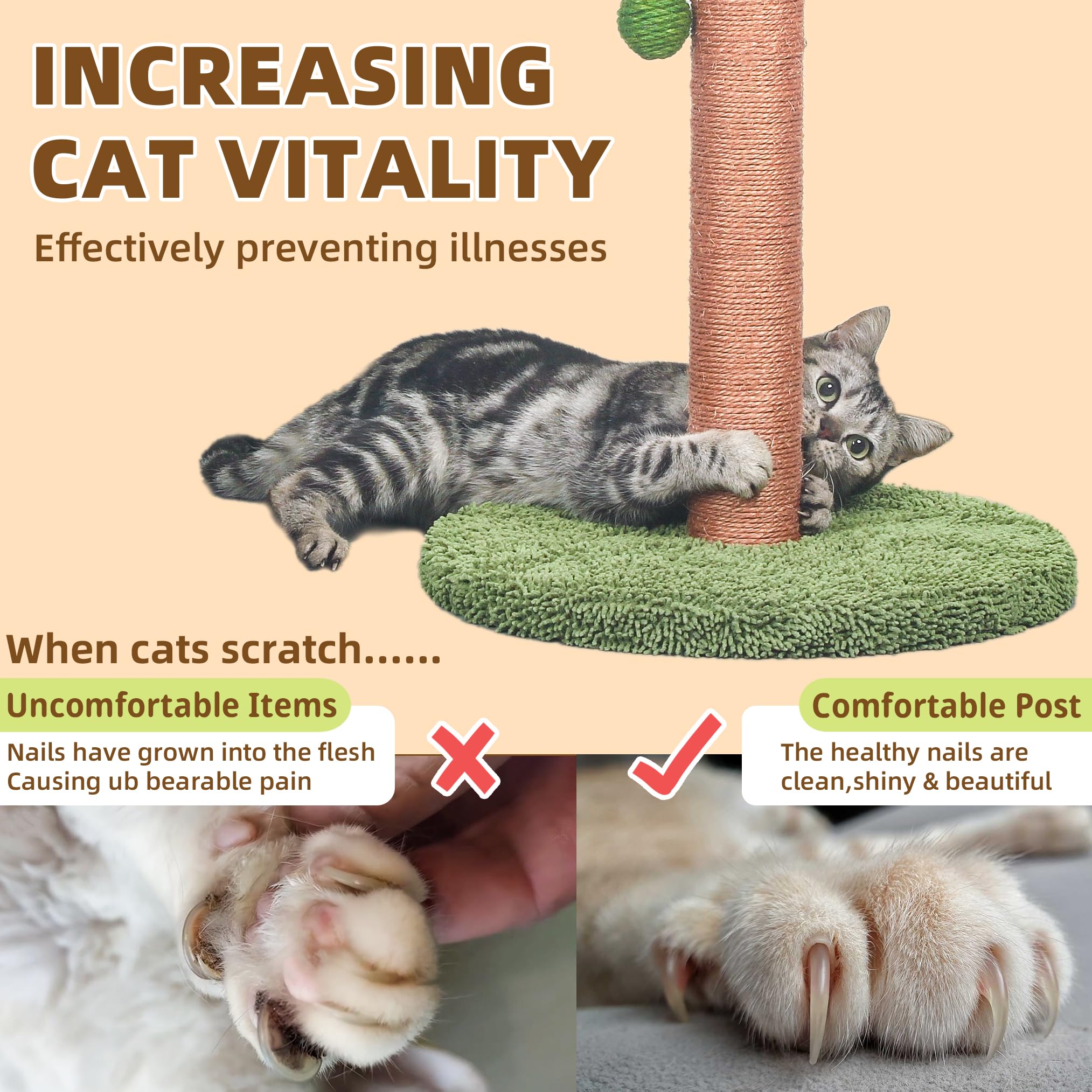 Meowoou Cat Scratching Post with Hanging Ball,33 inch Tall Cute Cat Toys for Indoor Cats with Sisal Rope,Palm Decor Cat Tree Tower for Kitten Scratcher Green