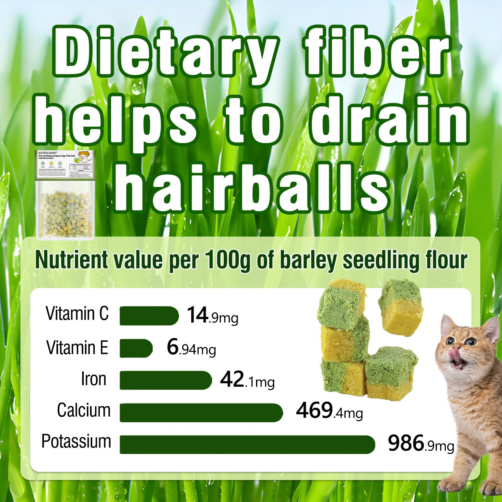 Freezed-Dried Cat Grass Treats, Catgrass Egg Yolk Duo Bites, Cat Dental Treats for Hairball Control and Healthy Coat, Cats Teething Stick (60g, EggYolk)