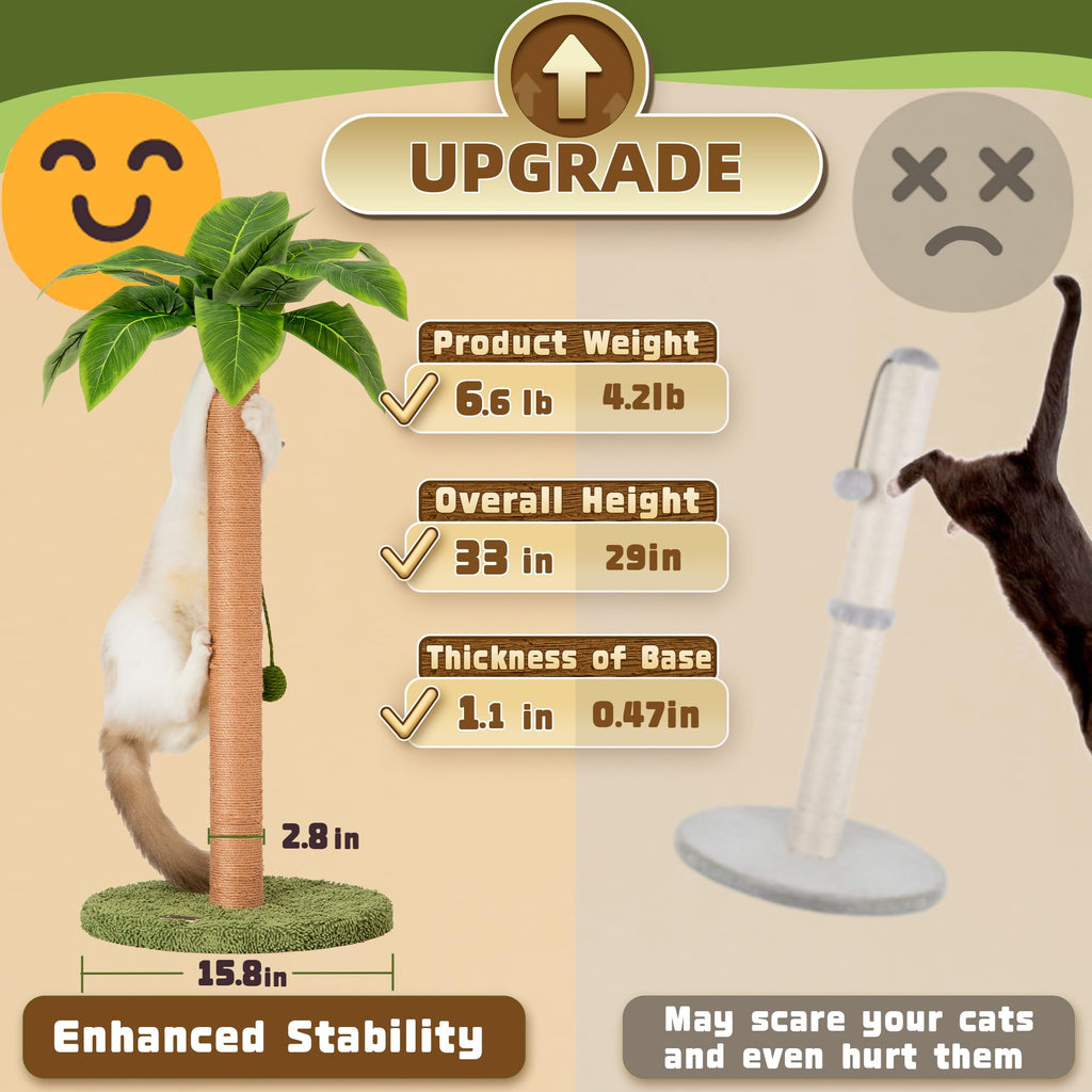 Meowoou Cat Scratching Post with Hanging Ball,33 inch Tall Cute Cat Toys for Indoor Cats with Sisal Rope,Palm Decor Cat Tree Tower for Kitten Scratcher Green