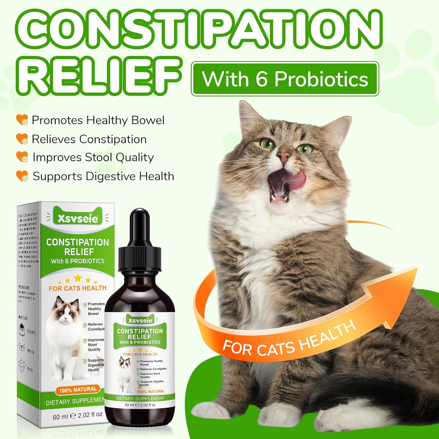 Constipation Relief for Cat, 100% Natural Cat Constipation Treatment with 6 Probiotics for Cats Stool Softeners, Cats Laxative Constipation Relief, Promotes Digestive & Gut Health, 2.02 fl Oz