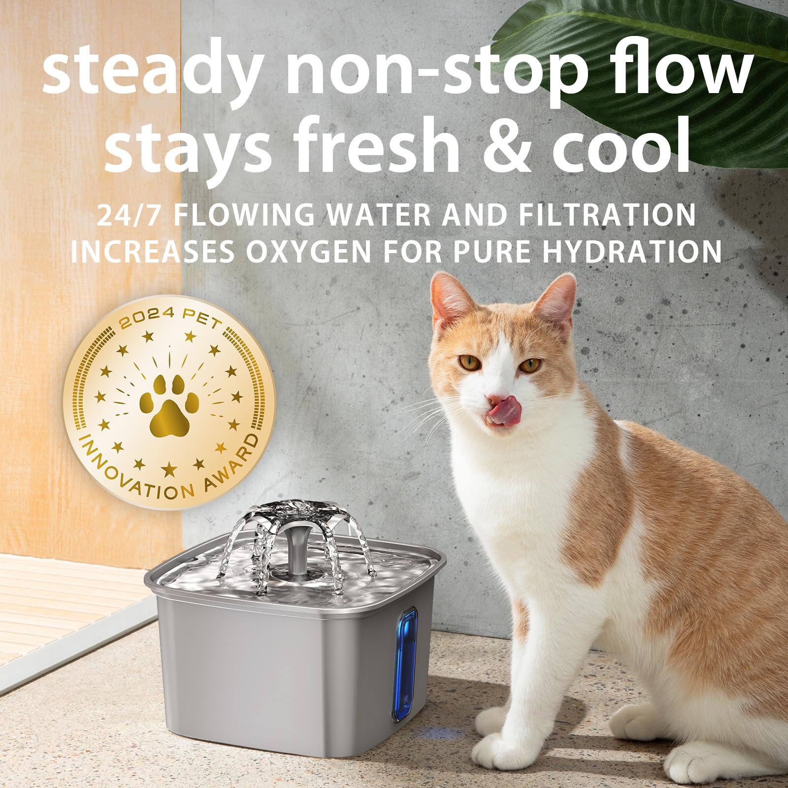 Stainless Steel Cat Water Fountain Veken Innovation Award Winner Cat Water Fountain, 108oz/3.2L Pet Fountain with 4 Replacement Filters & 4 Pre-Filter Sponges & Silicone Mat, for Cats, Dogs (Silver)
