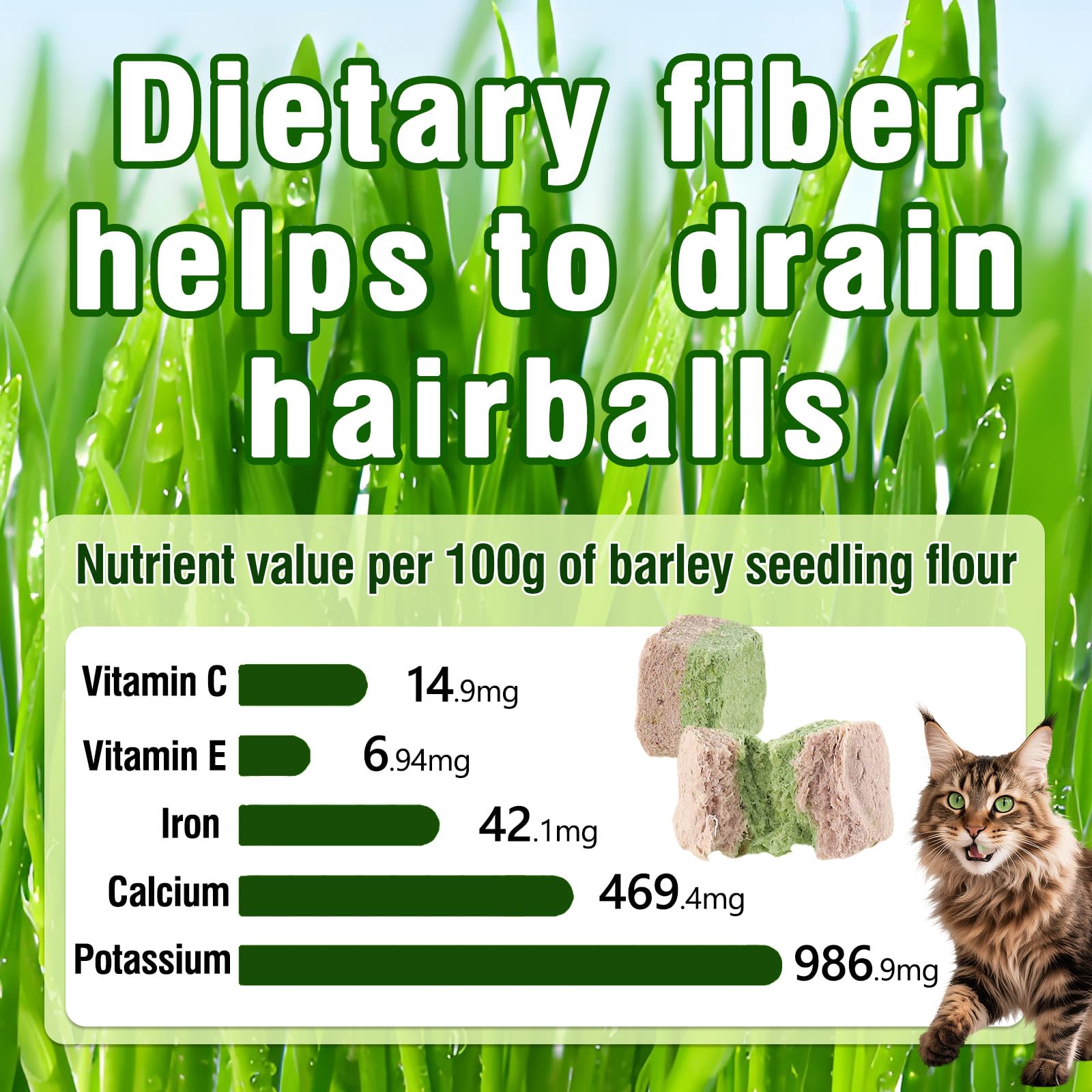 Freezed-Dried Cat Grass Treats, Catgrass Egg Yolk Duo Bites, Cat Dental Treats for Hairball Control and Healthy Coat, Cats Teething Stick (60g, EggYolk)