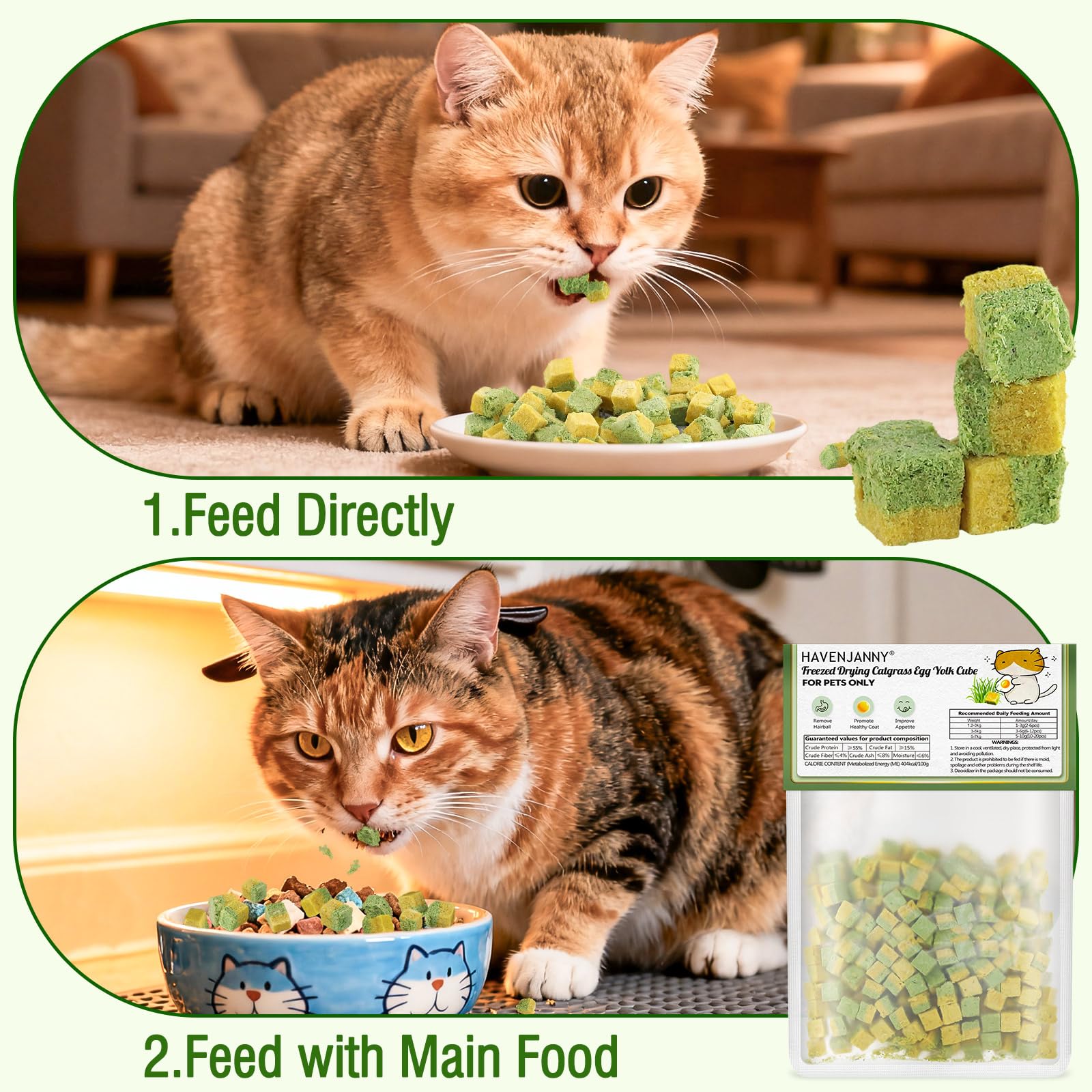 Freezed-Dried Cat Grass Treats, Catgrass Egg Yolk Duo Bites, Cat Dental Treats for Hairball Control and Healthy Coat, Cats Teething Stick (60g, EggYolk)