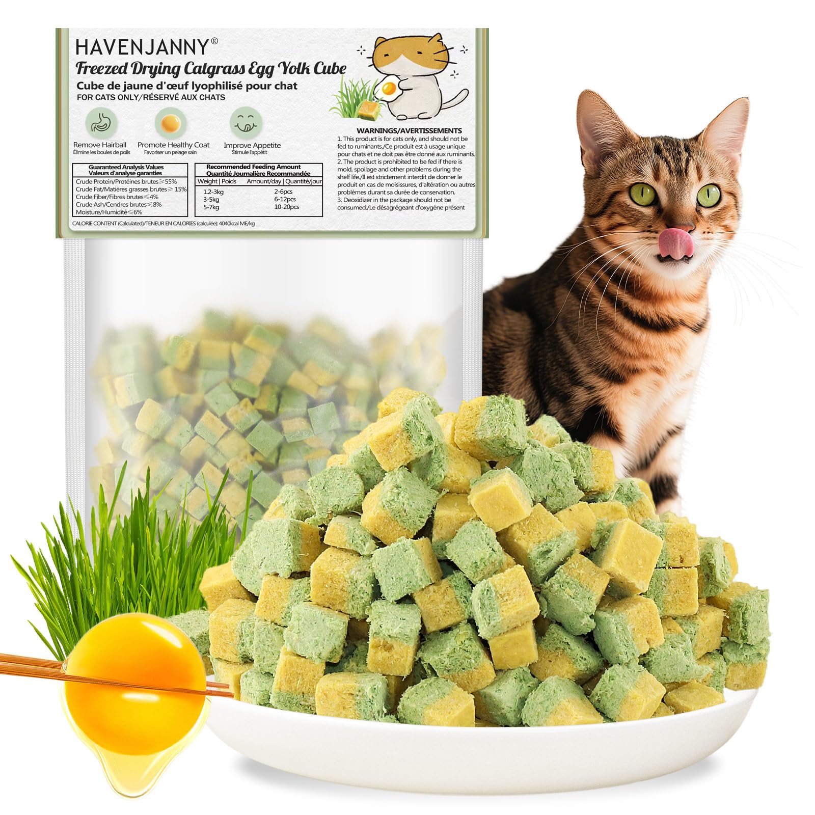Freezed-Dried Cat Grass Treats, Catgrass Egg Yolk Duo Bites, Cat Dental Treats for Hairball Control and Healthy Coat, Cats Teething Stick (60g, EggYolk)
