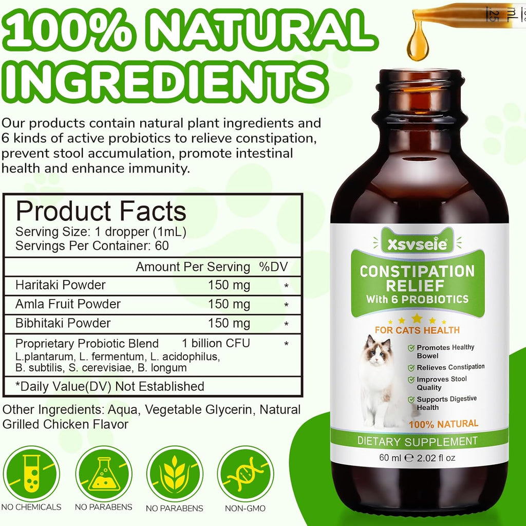Constipation Relief for Cat, 100% Natural Cat Constipation Treatment with 6 Probiotics for Cats Stool Softeners, Cats Laxative Constipation Relief, Promotes Digestive & Gut Health, 2.02 fl Oz
