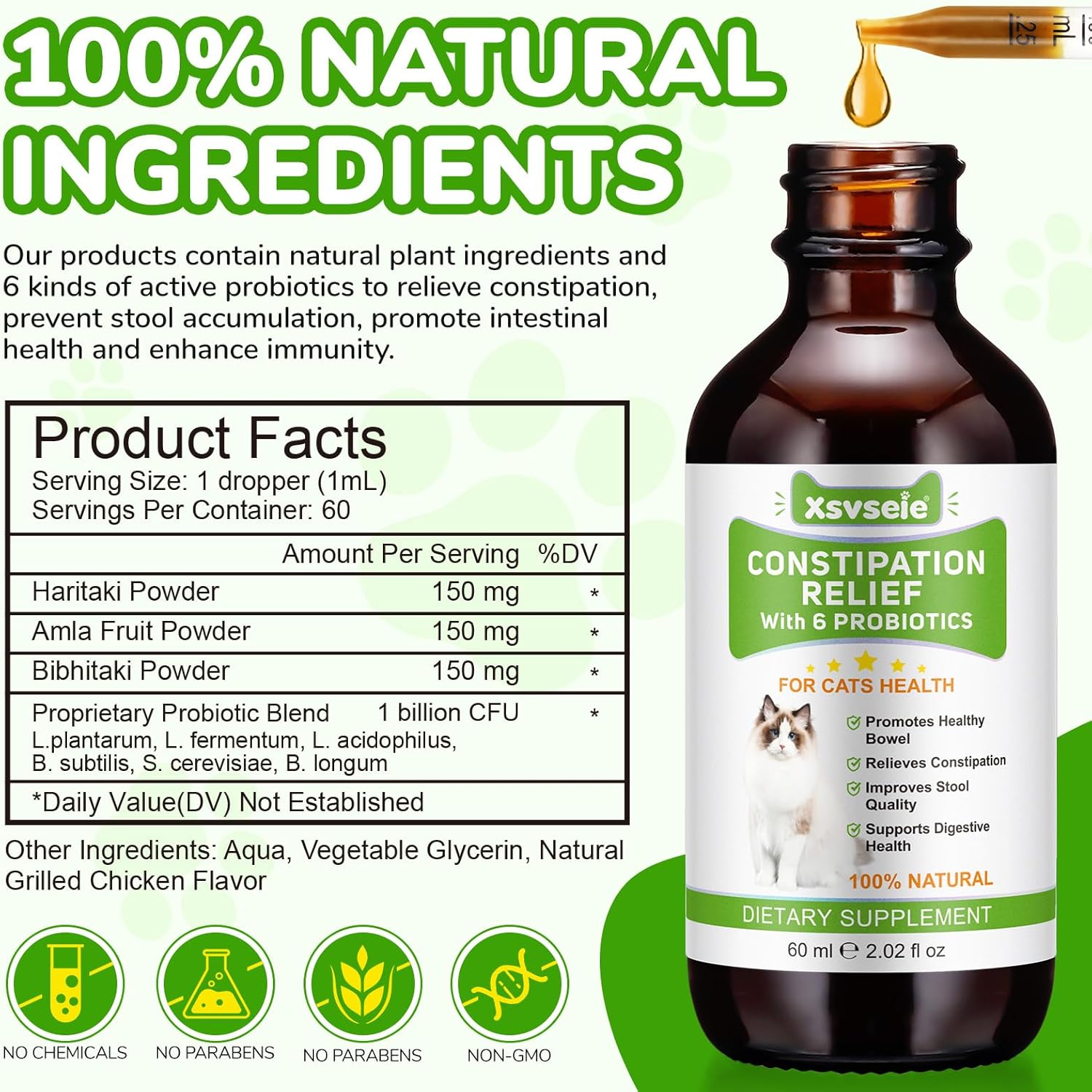 Constipation Relief for Cat, 100% Natural Cat Constipation Treatment with 6 Probiotics for Cats Stool Softeners, Cats Laxative Constipation Relief, Promotes Digestive & Gut Health, 2.02 fl Oz