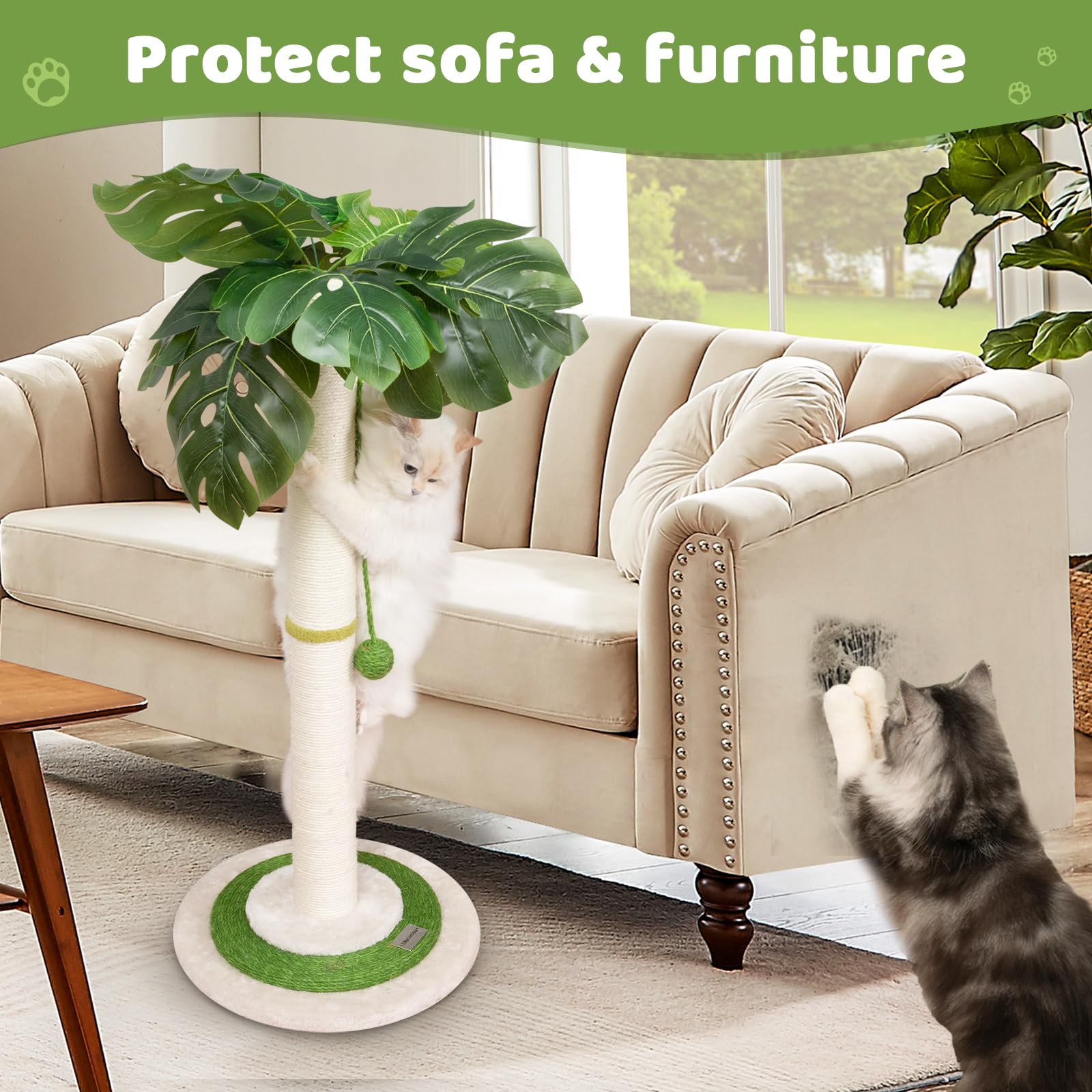 Meowoou Cat Scratching Post with Hanging Ball,33 inch Tall Cute Cat Toys for Indoor Cats with Sisal Rope,Palm Decor Cat Tree Tower for Kitten Scratcher Green