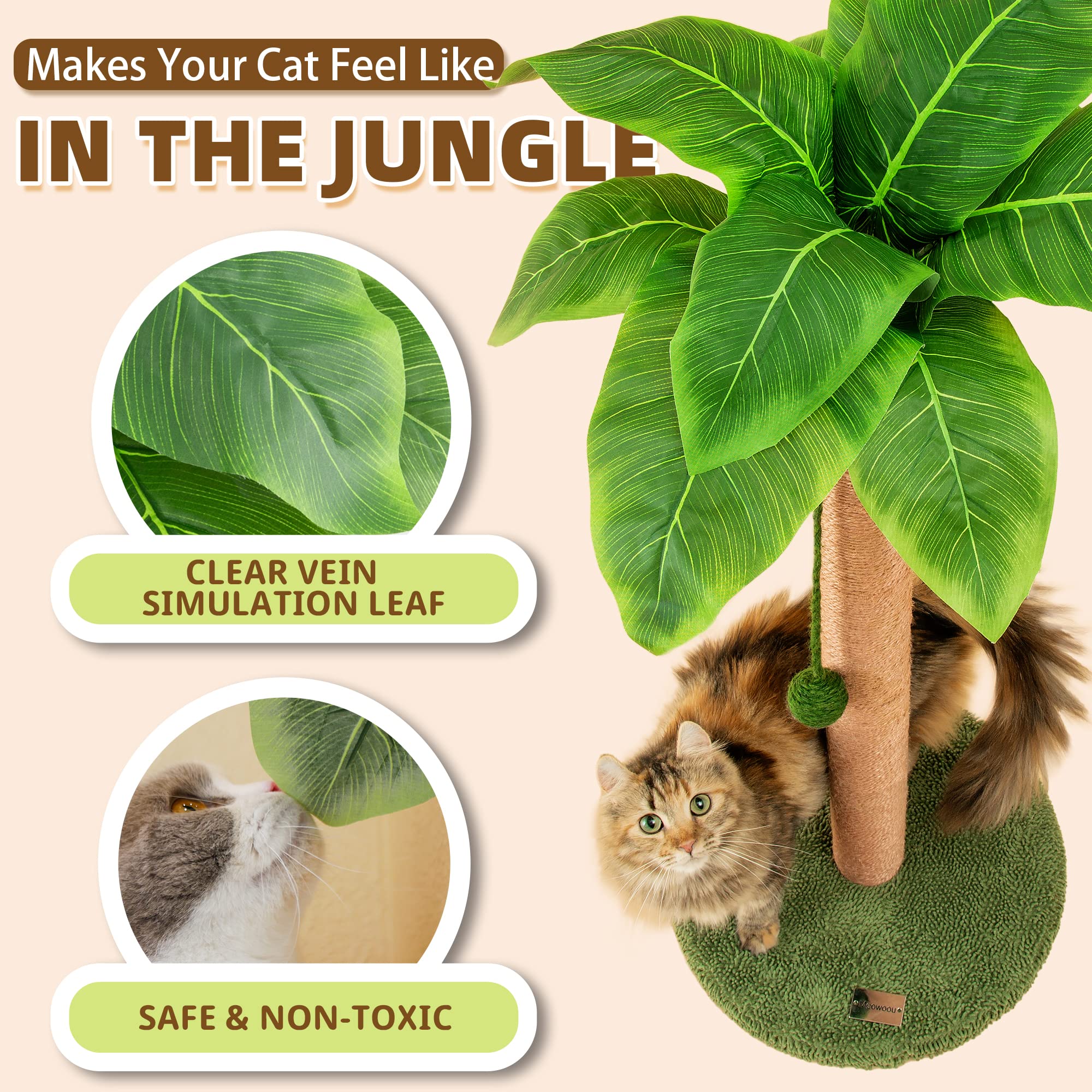 Meowoou Cat Scratching Post with Hanging Ball,33 inch Tall Cute Cat Toys for Indoor Cats with Sisal Rope,Palm Decor Cat Tree Tower for Kitten Scratcher Green