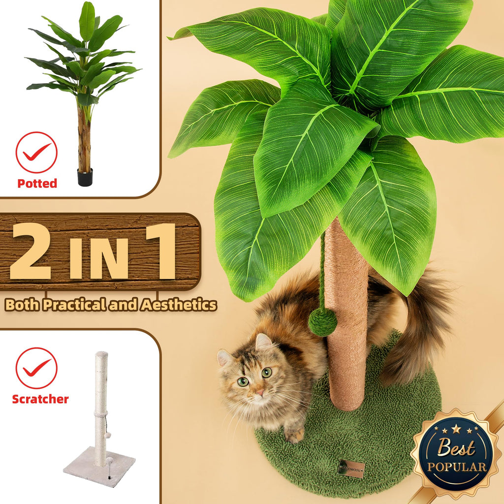 Meowoou Cat Scratching Post with Hanging Ball,33 inch Tall Cute Cat Toys for Indoor Cats with Sisal Rope,Palm Decor Cat Tree Tower for Kitten Scratcher Green